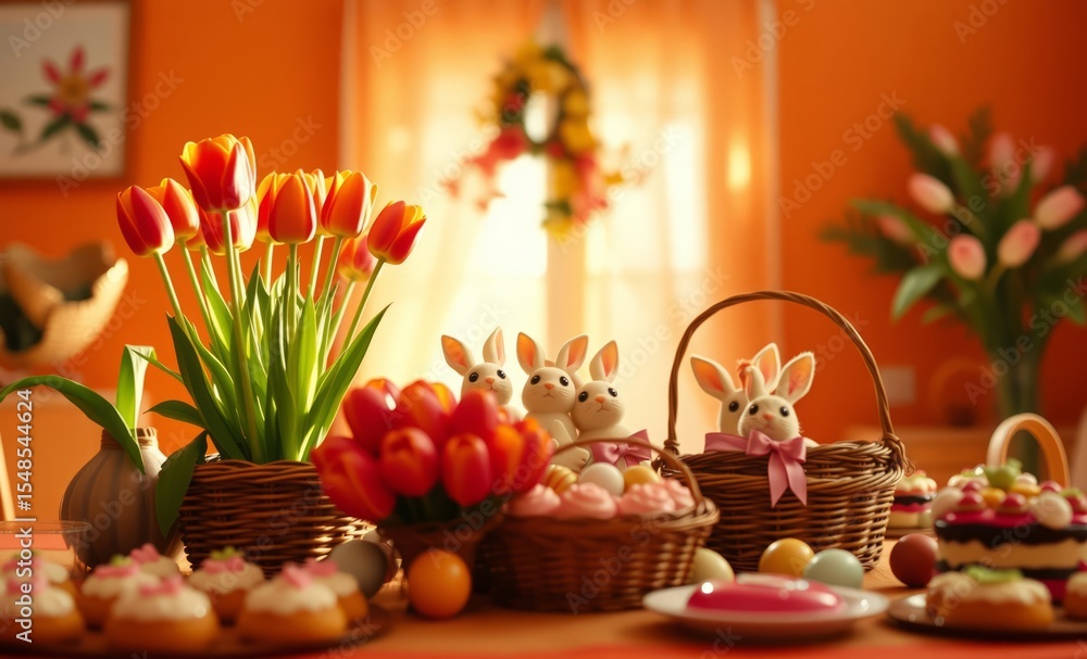 Naklejka premium A warm inviting orange-hued space adorned with a vibrant tulip arrangement playful bunnies peeking out from behind Easter baskets and a symphony of spring sweets creating a festive and cozy atmosphere