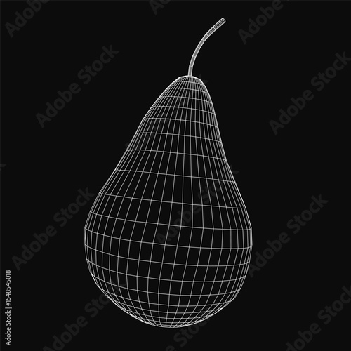 Wireframe 3D model of a pear with realistic shading and intricate mesh details, isolated on a sleek black background. The digital rendering highlights the fruit's organic curves and geometric.