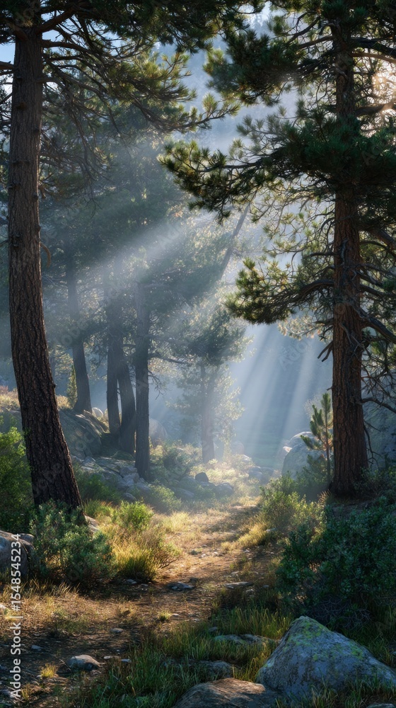Naklejka premium Sunlight path in forest