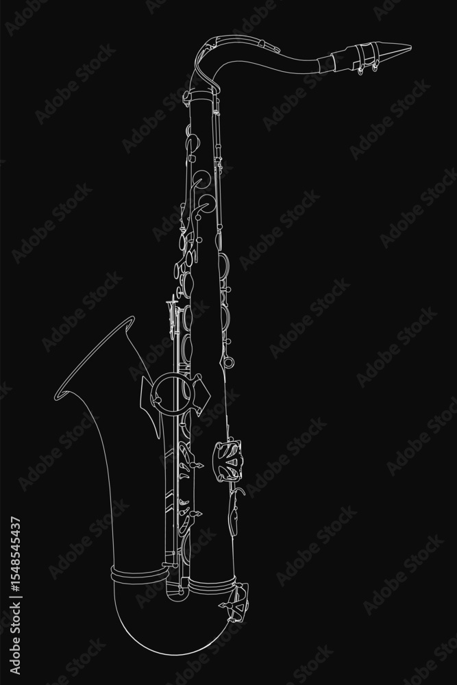 Obraz premium Saxophone drawn in black and white with intricate details, showcasing keys, strings, and curves against a dark background. The high-contrast composition highlights the instrument's elegant design.