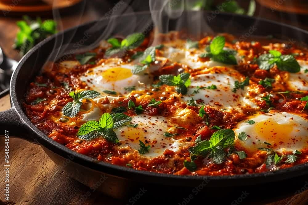 A delightful Shakshuka dish in a pan. A flavorful meal ready to be served with fresh herbs A delightful Shakshuka dish in a pan. A flavorful meal ready to be served with fresh herbs