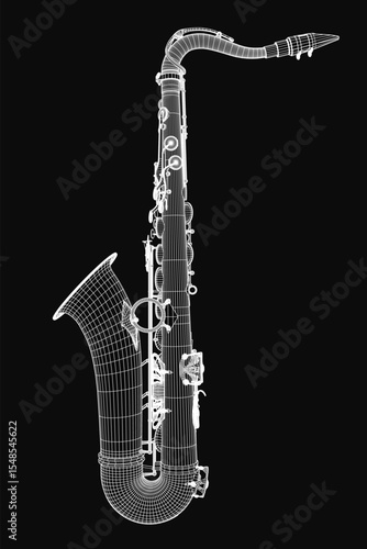Saxophone 3D model rendered with realistic textures and metallic shine, isolated on a sleek black background. The detailed curves and keys highlight the instrument's elegant design.