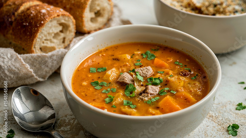 A warm bowl of soup with fresh bread on a table.
