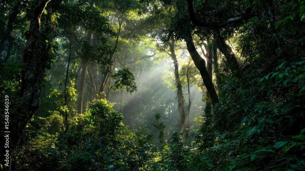 Fototapeta premium Sunlight streams through lush green forest canopy creating a peaceful scene