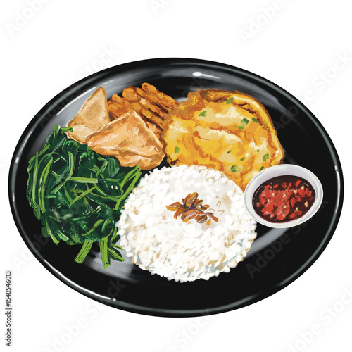 A plate of Indonesian daily main course menu, from rice, friend egg, fried tofu, braised vegetable and spicy Sony sauce. Hand drawn food illustration with no background.