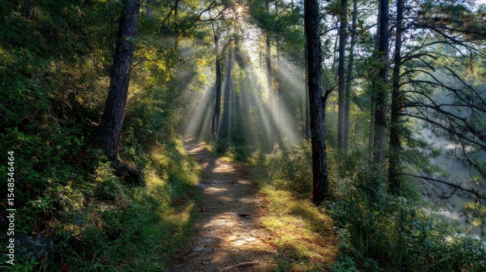 Obraz premium Sunlight streaking forest path