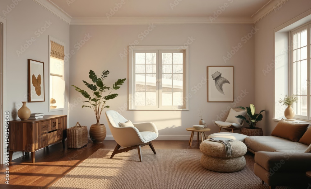 Fototapeta premium A haven of tranquility where soft neutral hues create a serene atmosphere a statement armchair with organic shapes anchors the space and warm wooden accents add a touch of rustic charm a modern home o