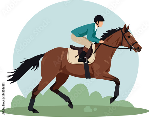 Horseback riding equestrian sport with brown horse and rider in helmet outdoor vector illustration 