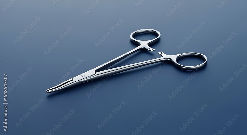 Surgical hemostat or locking forceps: A close-up studio shot on a blue background Surgical hemostat or locking forceps: A close-up studio shot on a blue background