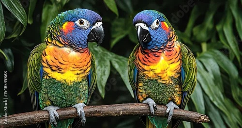 Two vibrant rainbow lorikeets perched on a branch amidst lush green foliage.