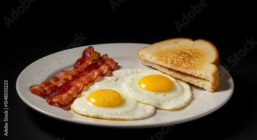 Indulge in a Classic American Breakfast: Perfectly Fried Eggs, Crispy Bacon, and Toasted Bread.