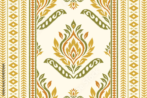 Traditional green and yellow ikat floral embroidery pattern in ethnic damask seamless style, abstract vector illustration for textile, fabric, clothing, decoration, texture and pattern design.