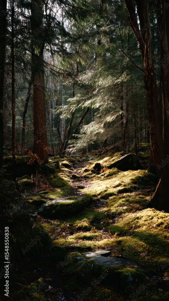 Obraz premium Sunlit pathway through a dense forest nature scene with moss and trees