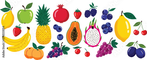Hand drawn colorful fruits and berries. Abstract funny doodle style. Natural tropical fruits. Lemon, cherry, apple, peach, banana, strawberry, pineapple, fig, dragon fruit. 