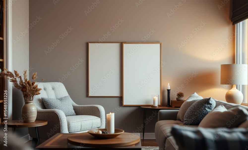 Fototapeta premium A warm and inviting living space featuring a mock-up poster frame adorned with a captivating design a cozy boucle armchair and a wooden side table A beige vase with dried flowers and a flickering cand