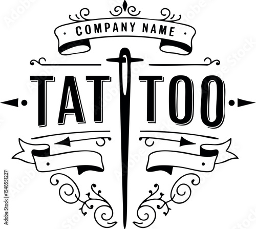 Tattoo logo design with needle and decorative vintage elements vector illustration 