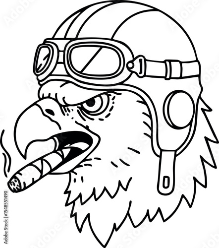 Eagle head wearing aviator helmet and goggles smoking cigar vector illustration design 