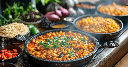 Spicy chickpea stew in a cast iron skillet, served with rice and other side dishes.