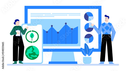 People actively discussing environmental data through various graphs and charts; suitable for presentations, reports, websites, and educational materials on sustainability.