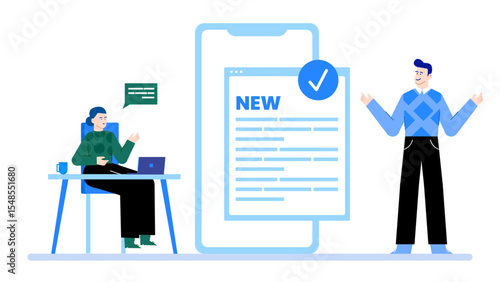 New announcement featuring a woman and a man. Perfect for advertising, business presentations, social media announcements, and promotional materials.