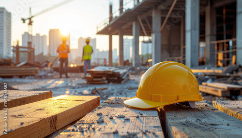 Construction site with yellow safety helmet and workers in background.