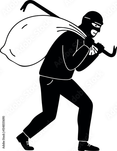 Burglary thief carrying loot bag and crowbar silhouette vector illustration 