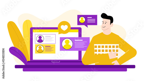 Smiling man reviews online dating profiles on a laptop. Suitable for dating apps, relationship websites, and online dating articles.