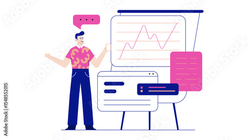 Man presenting data charts and notes, suitable for business presentations, financial reports, educational materials, and persuasive sales pitches.