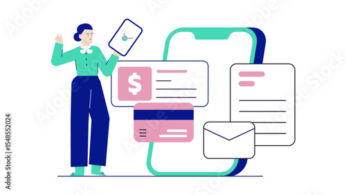 Online banking with a woman using a credit card. Perfect for financial technology concepts in websites, blogs, presentations, and ads.
