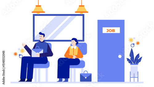 Two job applicants waiting in a room, suitable for recruitment agencies, career websites, interview preparation materials, HR department visuals.