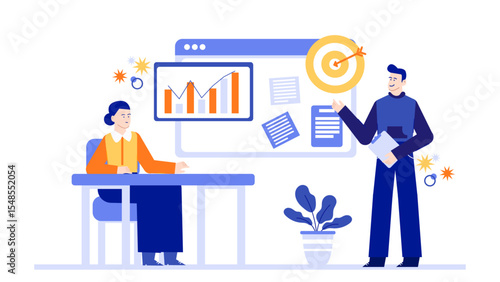 Two individuals discussing business strategies, presenting data slides and goals, suitable for presentations, reports, articles, and marketing materials.