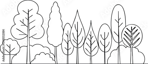 Various tree types line art vector illustration with bushes and shrubs natural outline design 