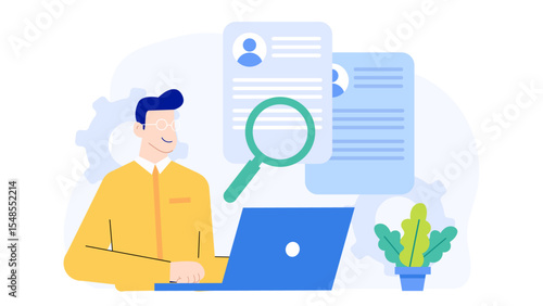 Man looking at resumes on his laptop, suitable for recruitment, hiring, job search, online application, human resources concepts.