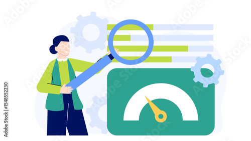 Woman examines data with a magnifying glass. Suitable for business reports, data analysis articles, and analytical blog posts.