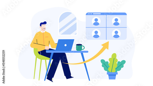 Man video conferencing on his laptop at his desk, suitable for remote work, online meetings, telecommuting, virtual communication, and technology concepts.