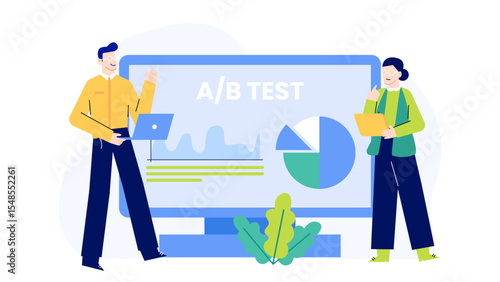 Two people presenting ab test results on a large monitor. Suitable for marketing campaigns, data analysis projects, digital marketing presentations.