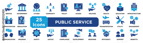 Public Service icon collection set. Containing service,government,citizen,community,policy,access,welfare,health,education,infrastructure icon. dual tone vector.