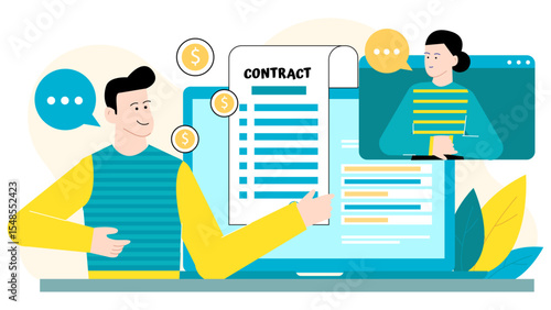 Two people signing a digital contract, discussing financial terms. Perfect for business presentations, financial blogs, or online communication concepts.