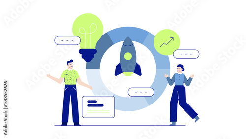 Startup concept with two people and a rocket, perfect for business presentations, infographics, tech blogs, website design, and social media.