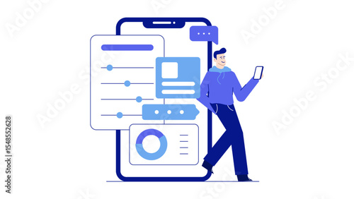 Man using a mobile app with charts and data, perfect for technology blogs, financial articles, business presentations, and educational materials.