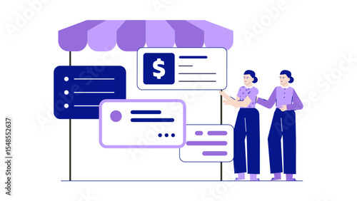 Two women explaining digital payment options at a market booth. Suitable for business, technology, ecommerce, and finance concepts.