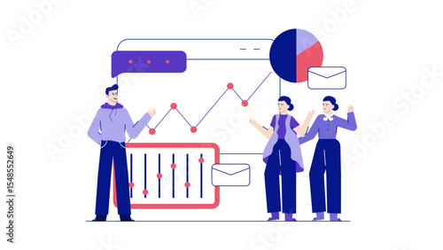Man presenting data charts to two women. Suitable for business presentations, data analysis concepts, team collaboration, and gender diversity in the workplace.
