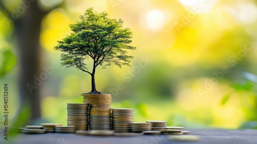 A conceptual image of a tree growing from a stack of coins, symbolizing an endowment fund, blurred background of a nature park, high resolution, No blur on tree and coins 