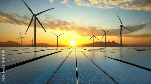 solar panels with wind turbines and sunset. concept clean energy in nature