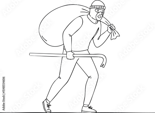 Burglar carrying sack and crowbar walking stealthily in mask and hat vector illustration 
