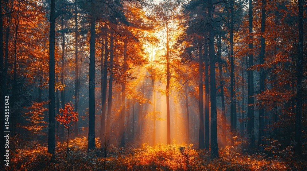 Autumnal forest bathed in golden sunlight Autumnal forest bathed in golden sunlight