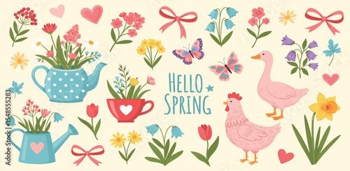 Set of spring cute elements. Hand drawn lovely flowers, bows, goose, chicken, blossom garden, watering can, leaves and herb
