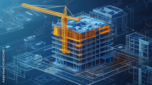 construction building information modeling bim concept with 3d model and blueprints vector illustration