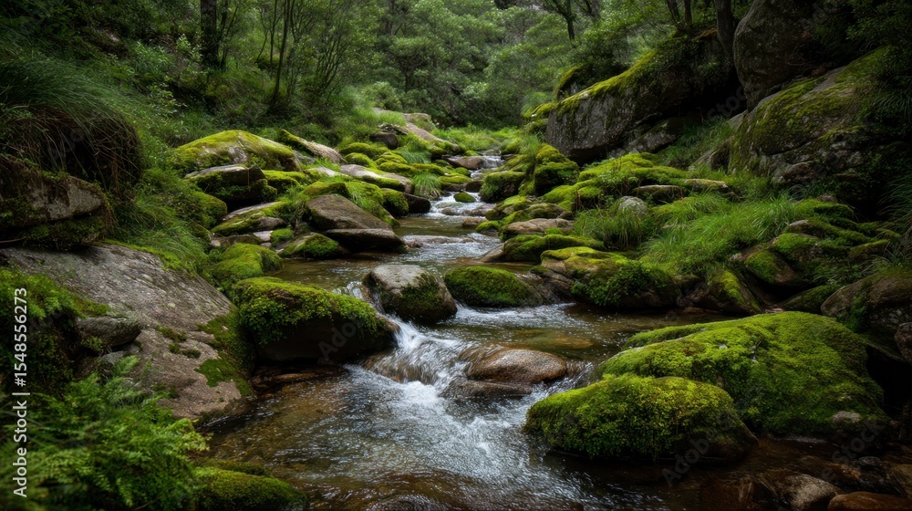 Tranquil forest river scene flowing water through green landscape Tranquil forest river scene flowing water through green landscape