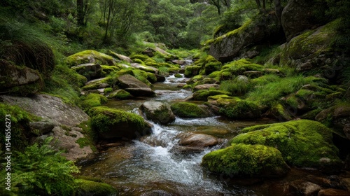 Tranquil forest river scene flowing water through green landscape